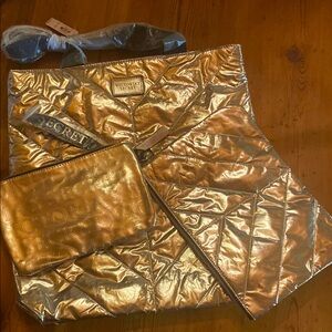 NWT Victorias  Secret Metallic Gold 3 piece tote, cosmetic bag & accessory pouch